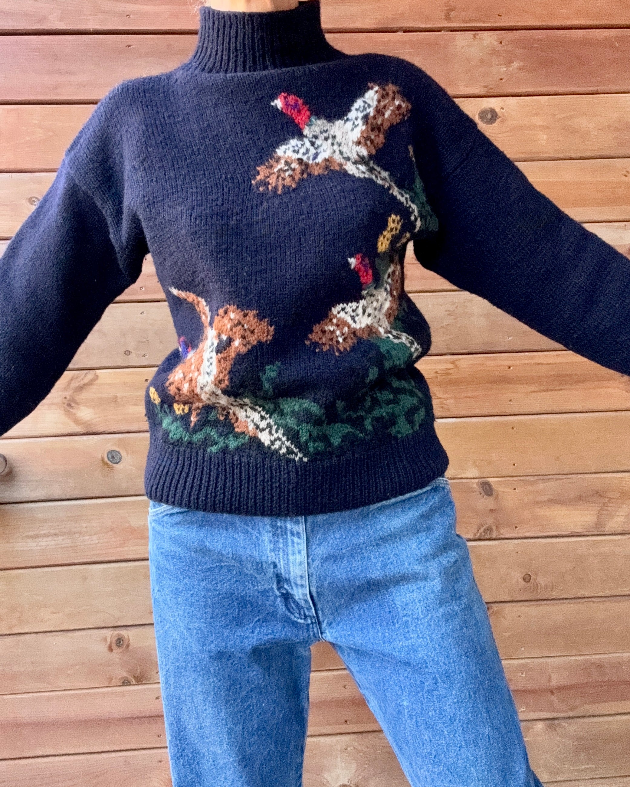 VINTAGE 1990s RUFF HEWN Navy Wool Pheasant Birds Mock Neck Sweater Jumper Pullover M