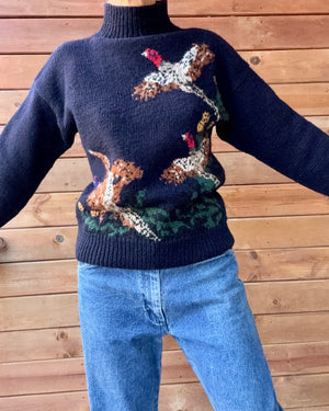 VINTAGE 1990s RUFF HEWN Navy Wool Pheasant Birds Mock Neck Sweater Jumper Pullover M