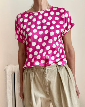 Vintage 1980s PARALLELE by EMANUEL UNGARO 100% Silk Hot Pink and Ivory Polka Dot Short Sleeve Blouse Size M or L