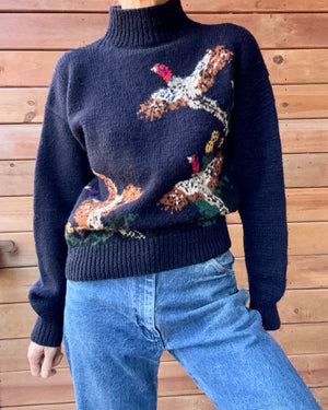 VINTAGE 1990s RUFF HEWN Navy Wool Pheasant Birds Mock Neck Sweater Jumper Pullover M