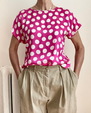 Vintage 1980s PARALLELE by EMANUEL UNGARO 100% Silk Hot Pink and Ivory Polka Dot Short Sleeve Blouse Size M or L