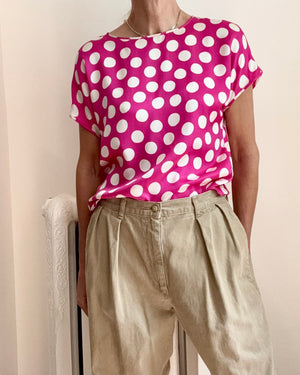 Vintage 1980s PARALLELE by EMANUEL UNGARO 100% Silk Hot Pink and Ivory Polka Dot Short Sleeve Blouse Size M or L