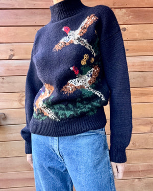 VINTAGE 1990s RUFF HEWN Navy Wool Pheasant Birds Mock Neck Sweater Jumper Pullover M