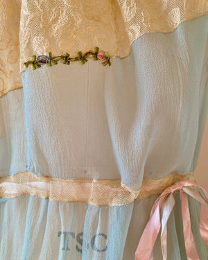 Antique 1920s Deadstock Silk Aqua Chiffon and Cream Alencon Lace and Tulle Step-In