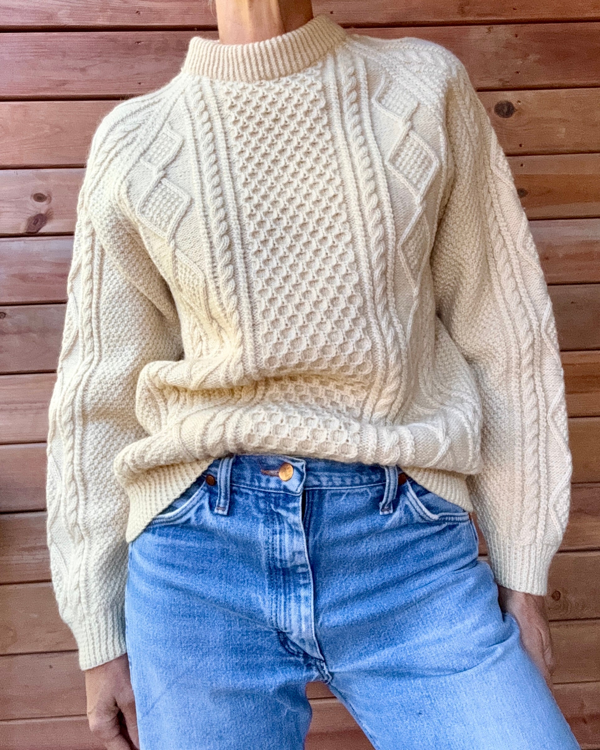 Vintage Cable Aran Fisherman Hand Knit Cream Sweater Made in Ireland