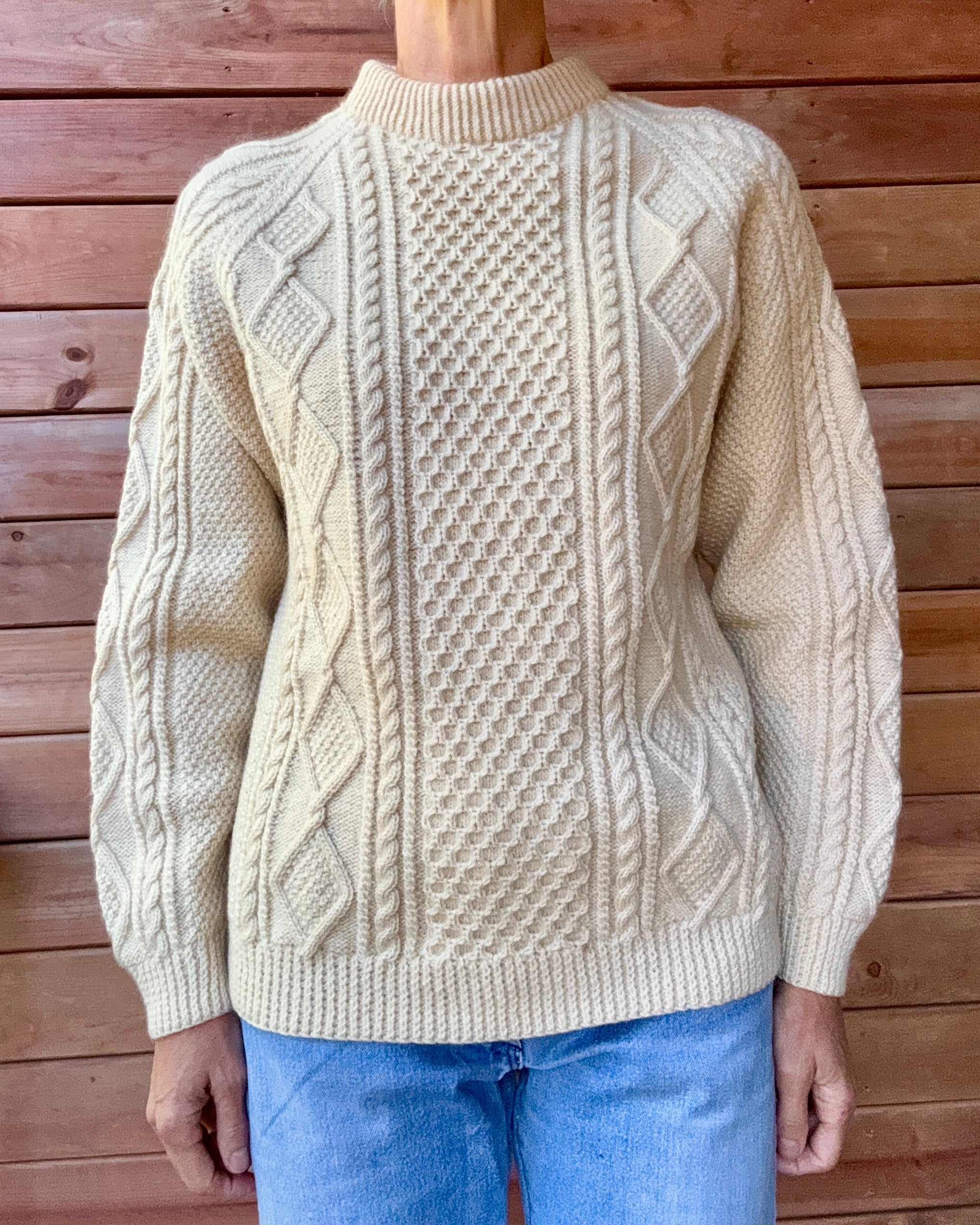 Vintage Cable Aran Fisherman Hand Knit Cream Sweater Made in Ireland
