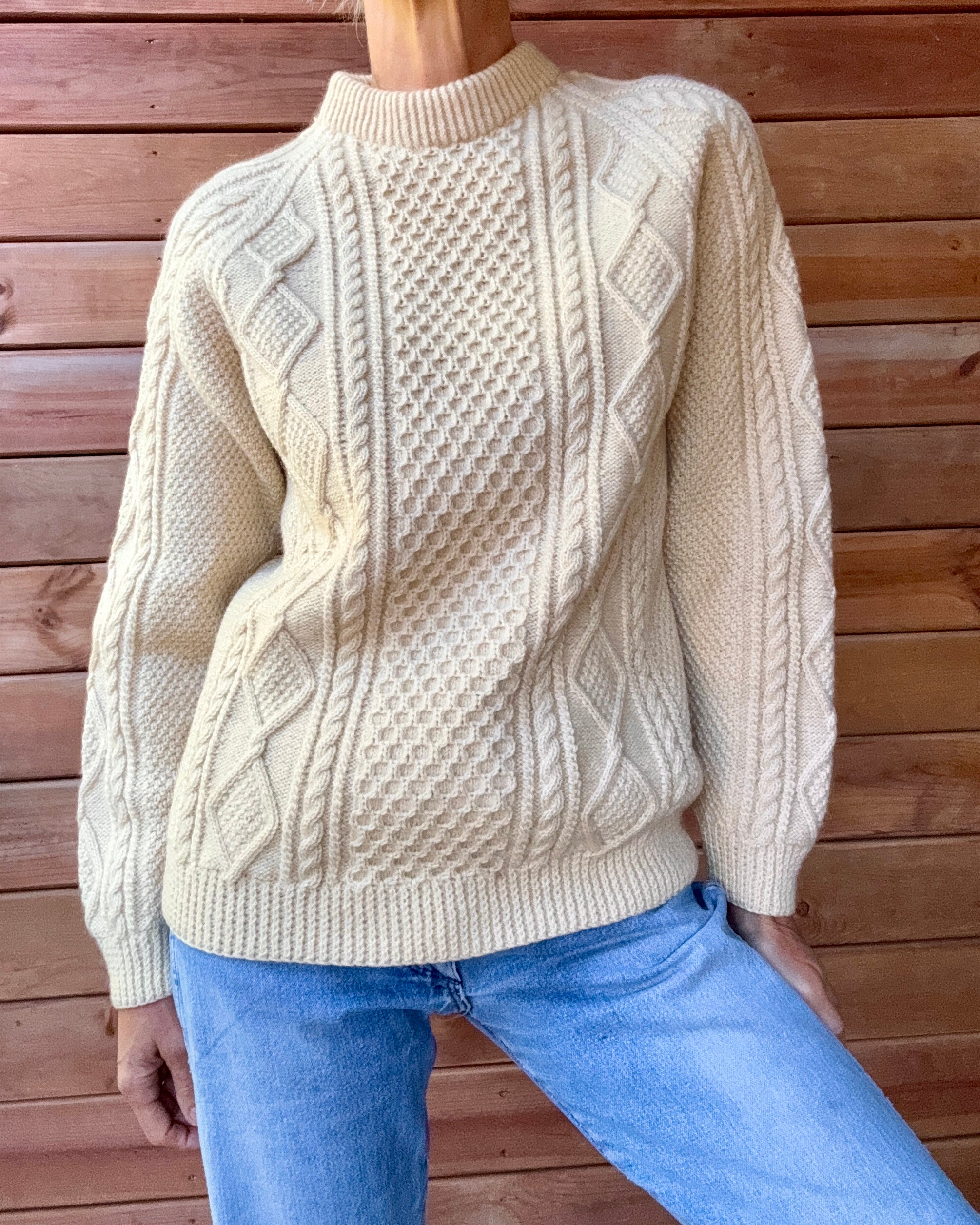 Vintage Cable Aran Fisherman Hand Knit Cream Sweater Made in Ireland