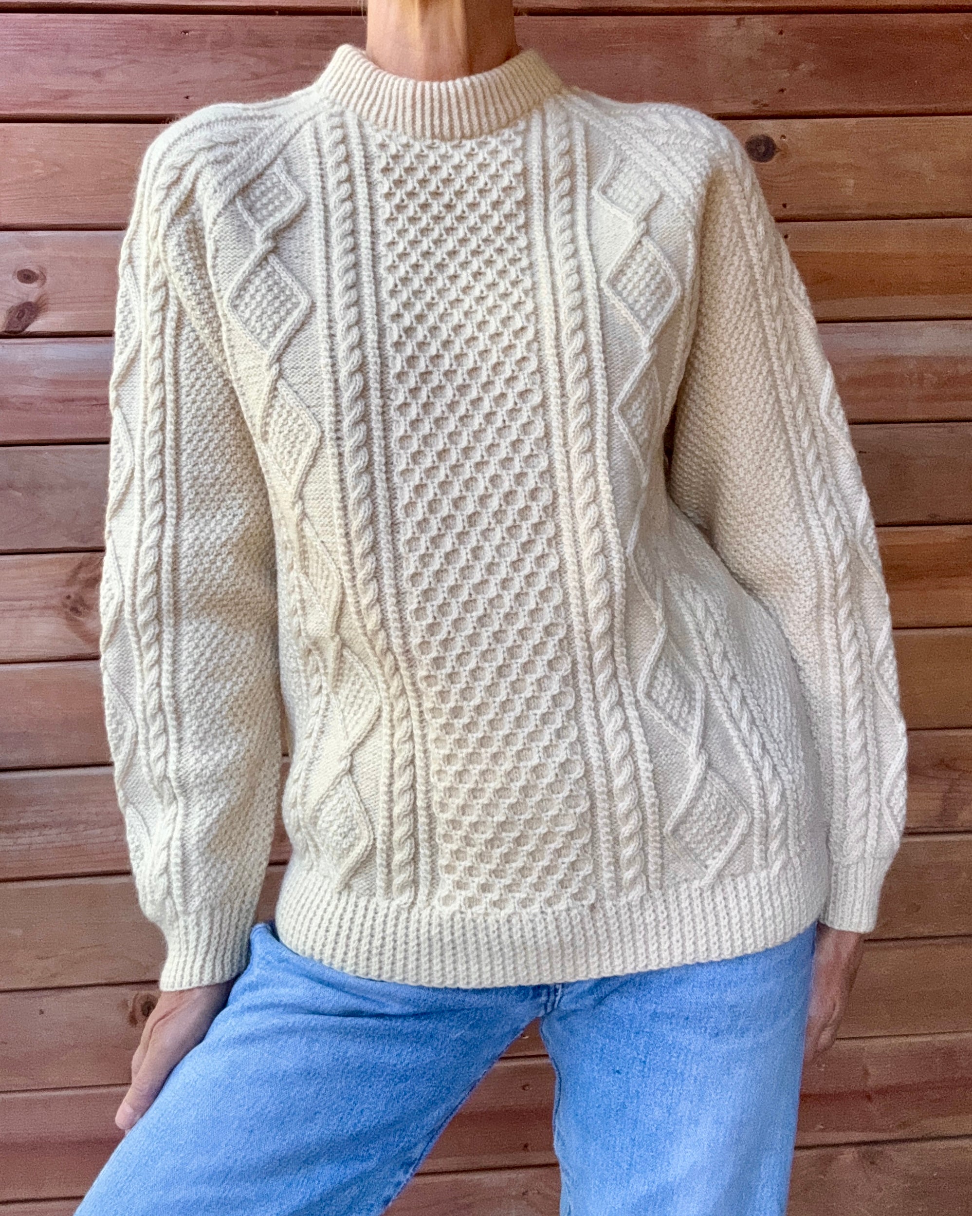 Vintage Cable Aran Fisherman Hand Knit Cream Sweater Made in Ireland