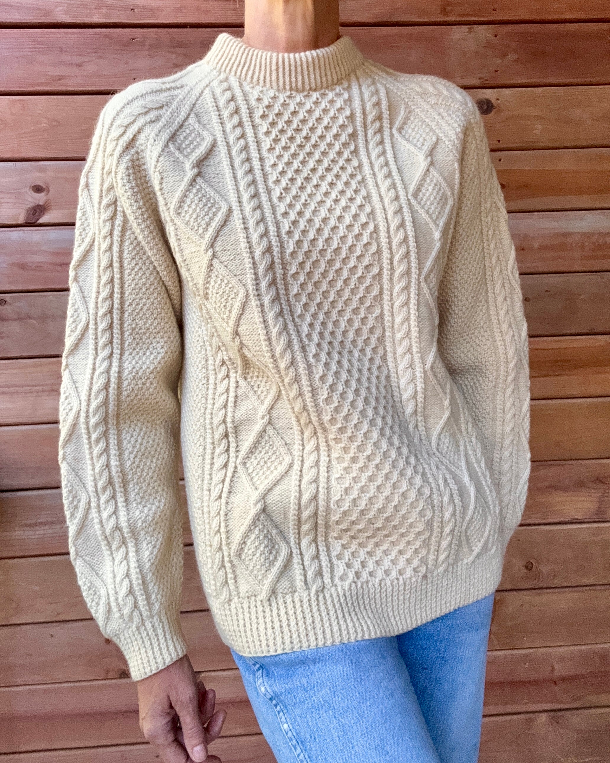 Vintage Cable Aran Fisherman Hand Knit Cream Sweater Made in Ireland