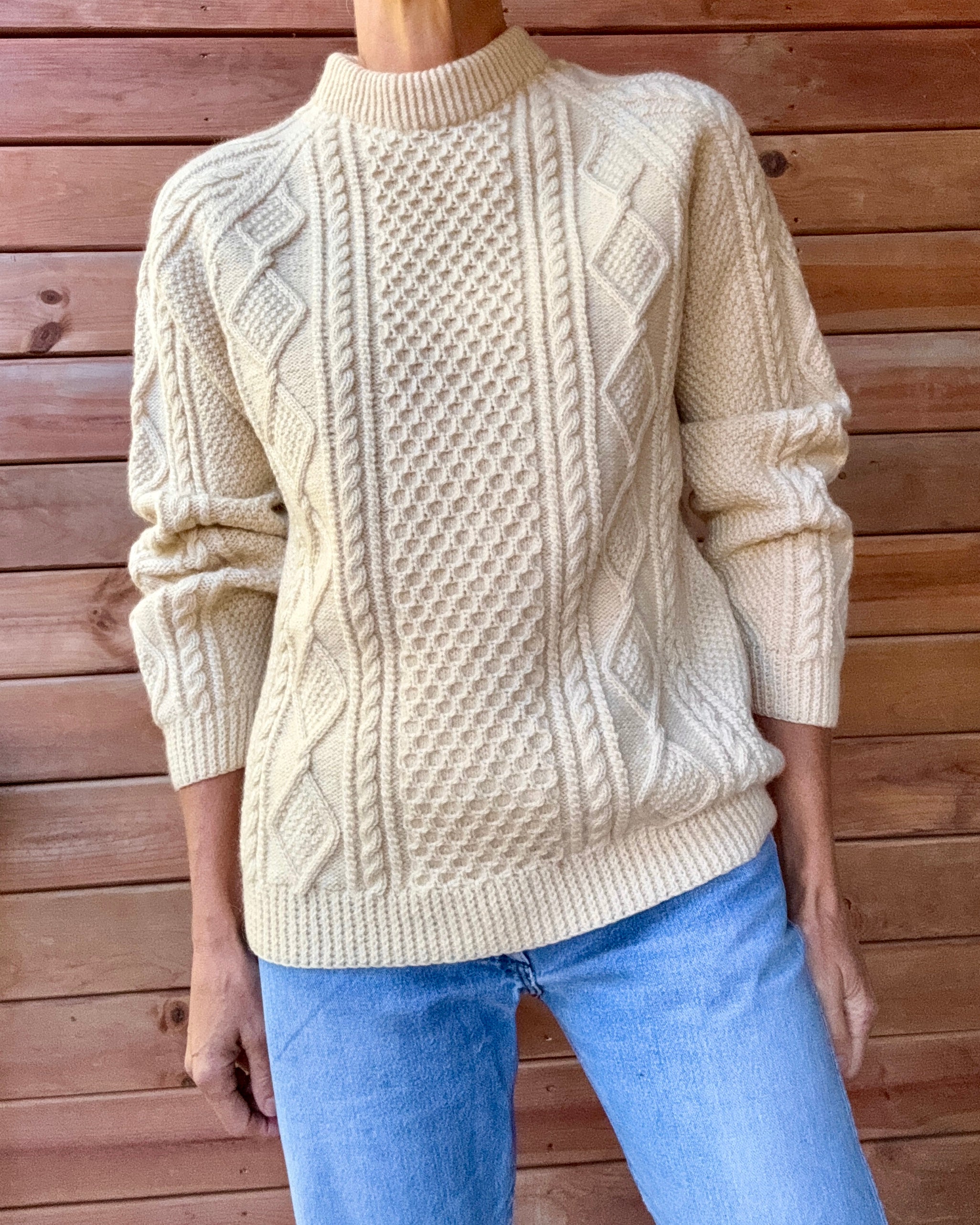 Vintage Cable Aran Fisherman Hand Knit Cream Sweater Made in Ireland