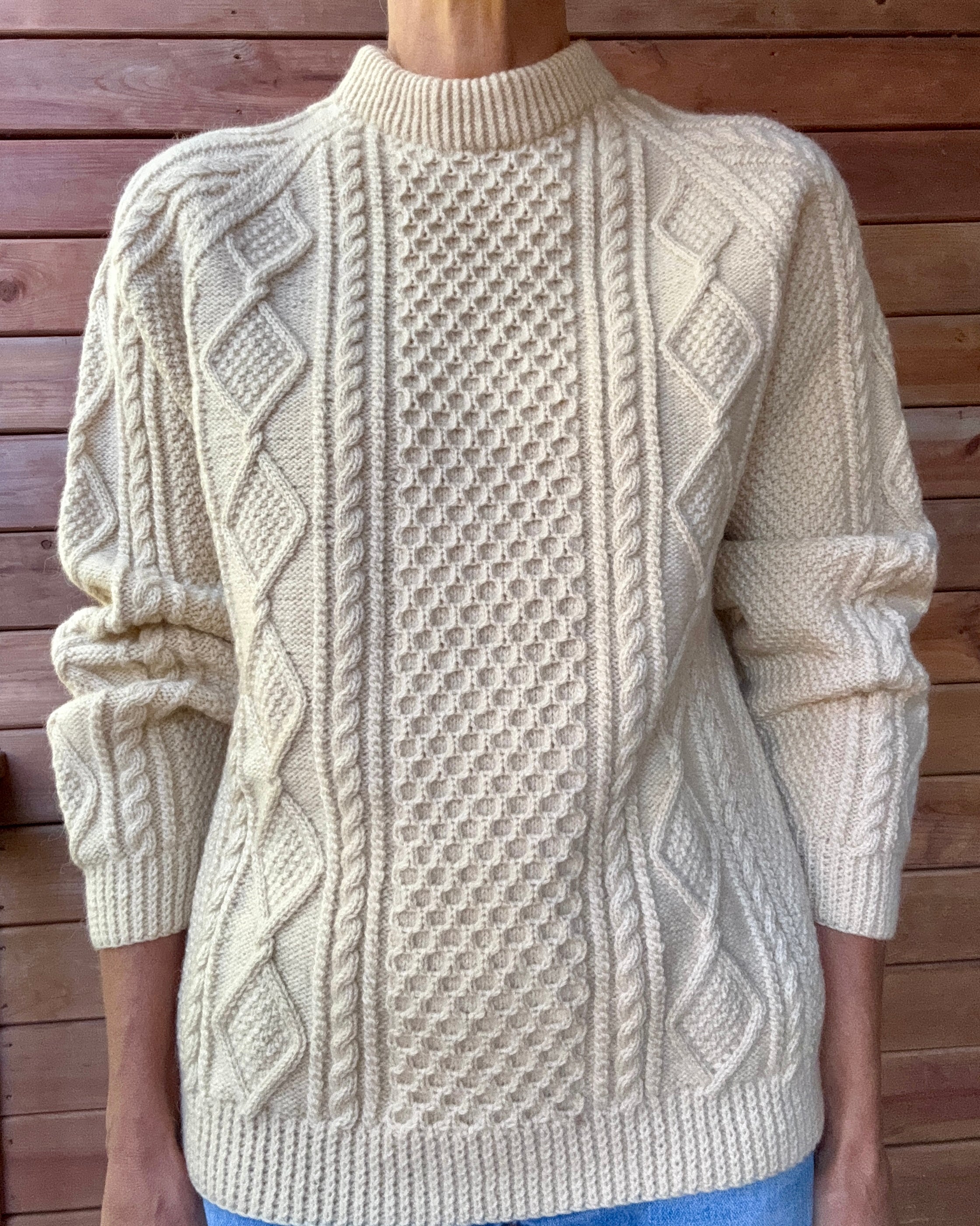 Vintage Cable Aran Fisherman Hand Knit Cream Sweater Made in Ireland