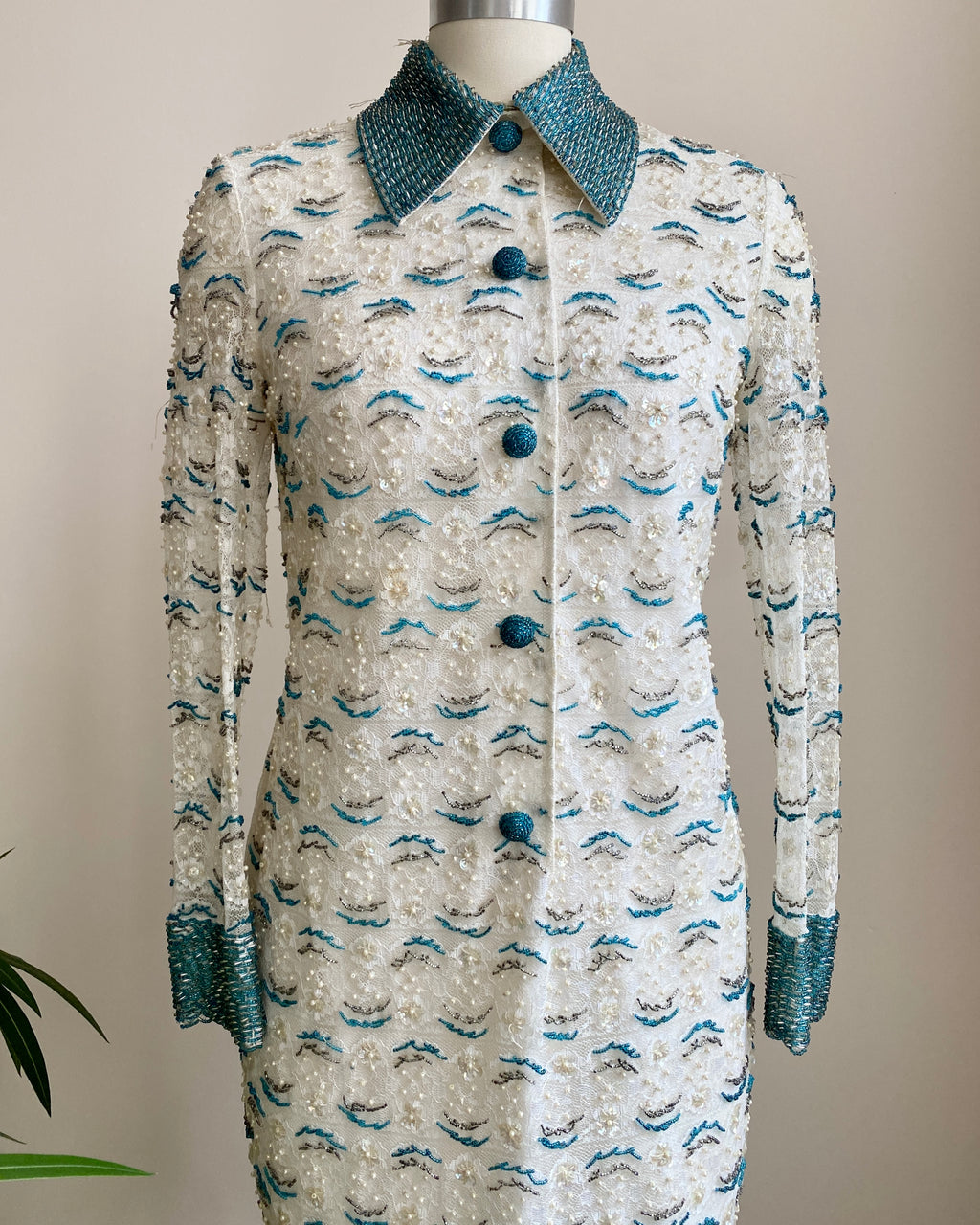VINTAGE 1960s Lace Beaded and Sequined Shirt Dress