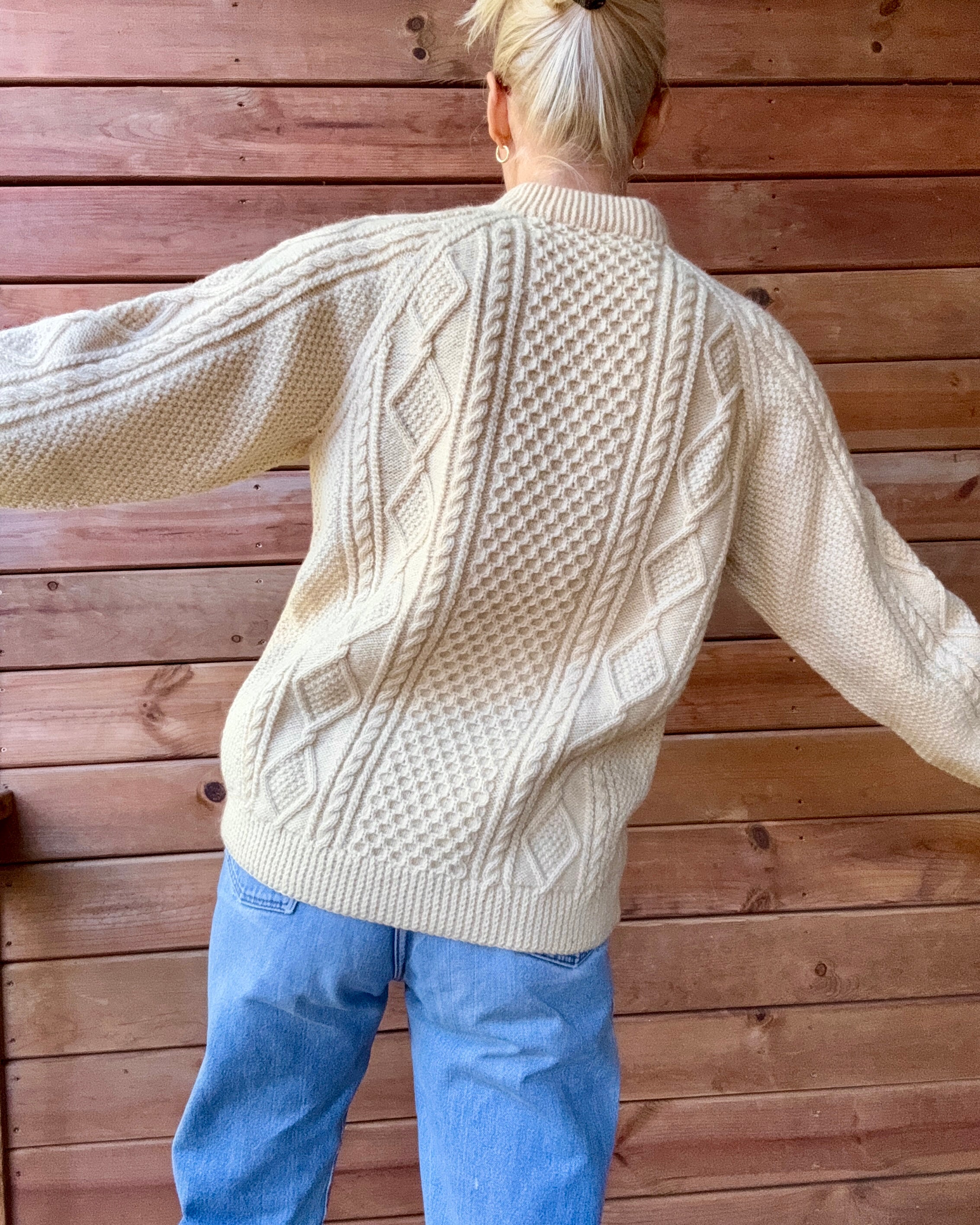 Vintage Cable Aran Fisherman Hand Knit Cream Sweater Made in Ireland