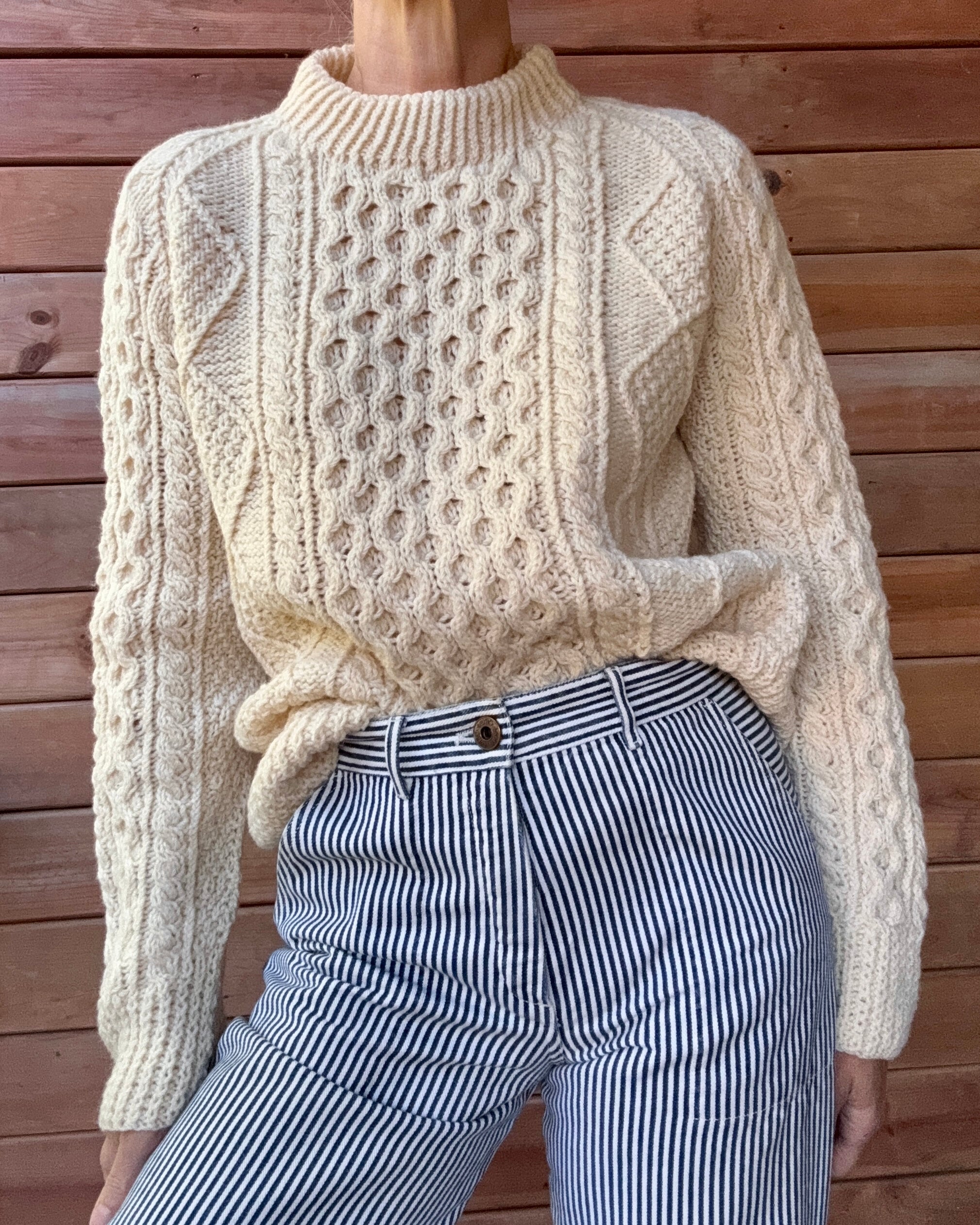 Vintage Carrais Cream Cable Hand Knit Fisherman Sweater Made in Ireland