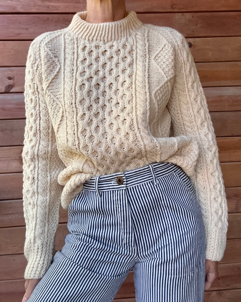 Vintage Carrais Cream Cable Hand Knit Fisherman Sweater Made in Ireland