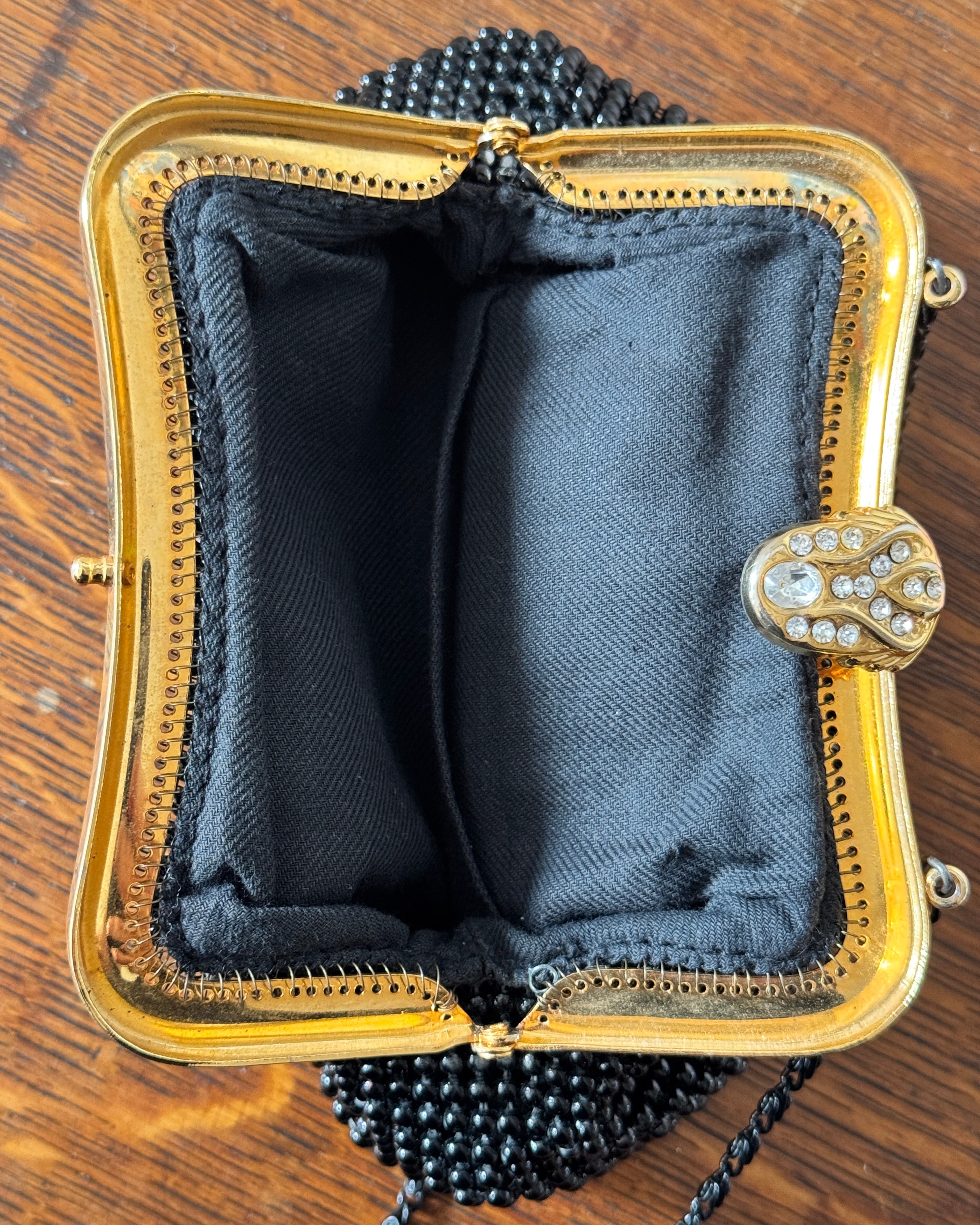 Vintage Black Beaded Cocktail Party Evening Purse Clutch Handbag with Rhinestone Clasp