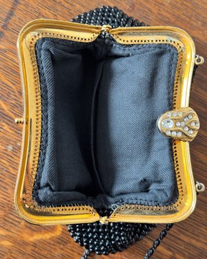 Vintage Black Beaded Cocktail Party Evening Purse Clutch Handbag with Rhinestone Clasp