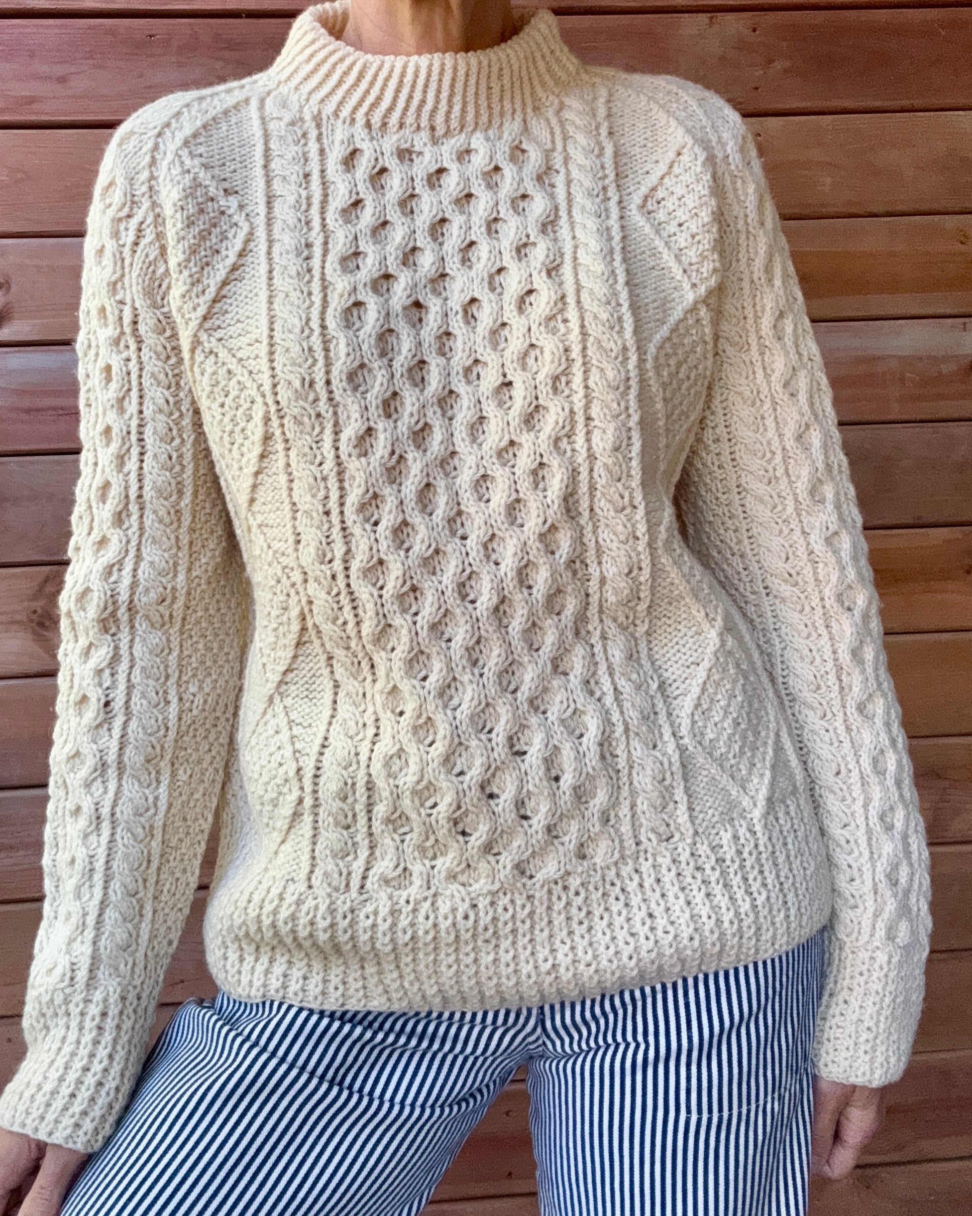 Vintage Carrais Cream Cable Hand Knit Fisherman Sweater Made in Ireland