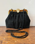 Vintage Black Beaded Cocktail Party Evening Purse Clutch Handbag with Rhinestone Clasp