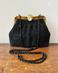 Vintage Black Beaded Cocktail Party Evening Purse Clutch Handbag with Rhinestone Clasp