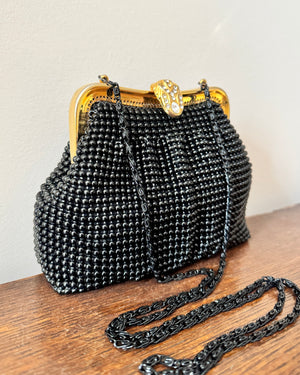 Vintage Black Beaded Cocktail Party Evening Purse Clutch Handbag with Rhinestone Clasp