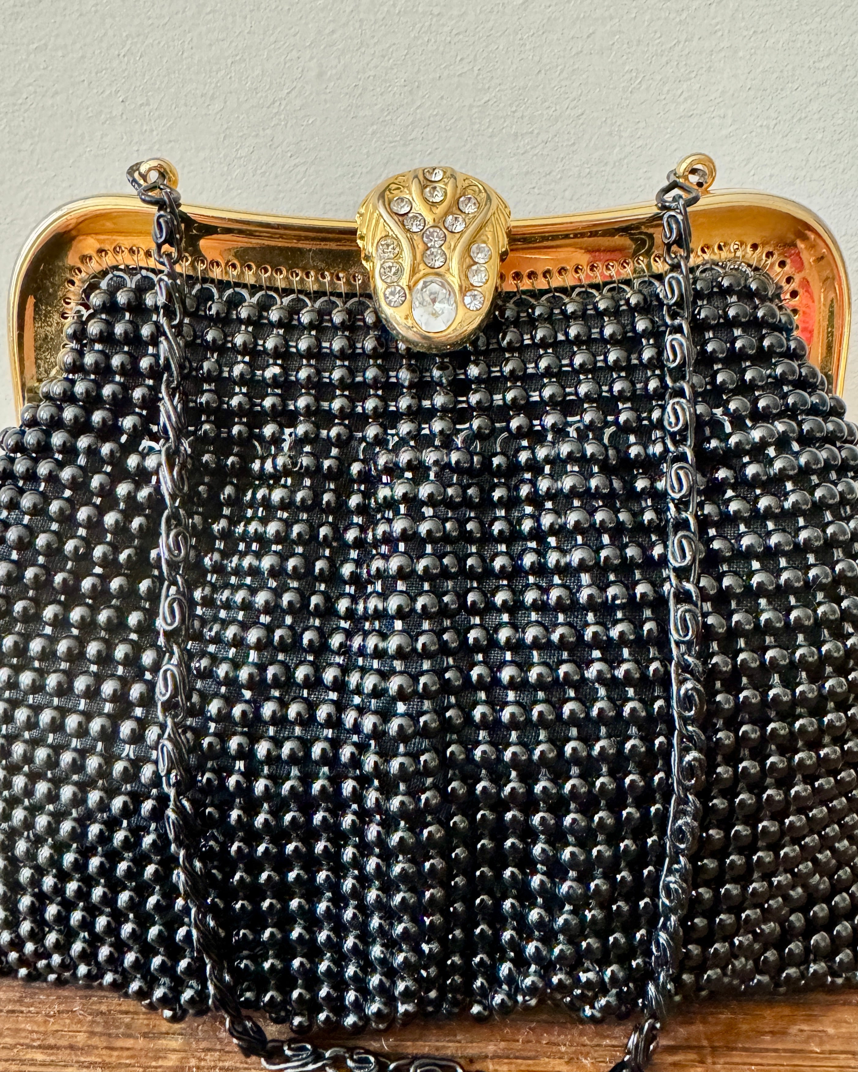 Vintage Black Beaded Cocktail Party Evening Purse Clutch Handbag with Rhinestone Clasp