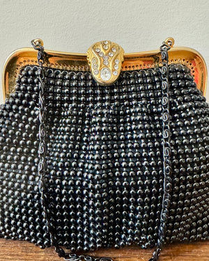 Vintage Black Beaded Cocktail Party Evening Purse Clutch Handbag with Rhinestone Clasp