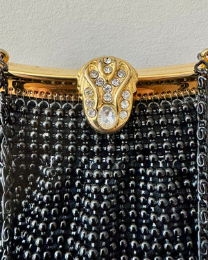 Vintage Black Beaded Cocktail Party Evening Purse Clutch Handbag with Rhinestone Clasp