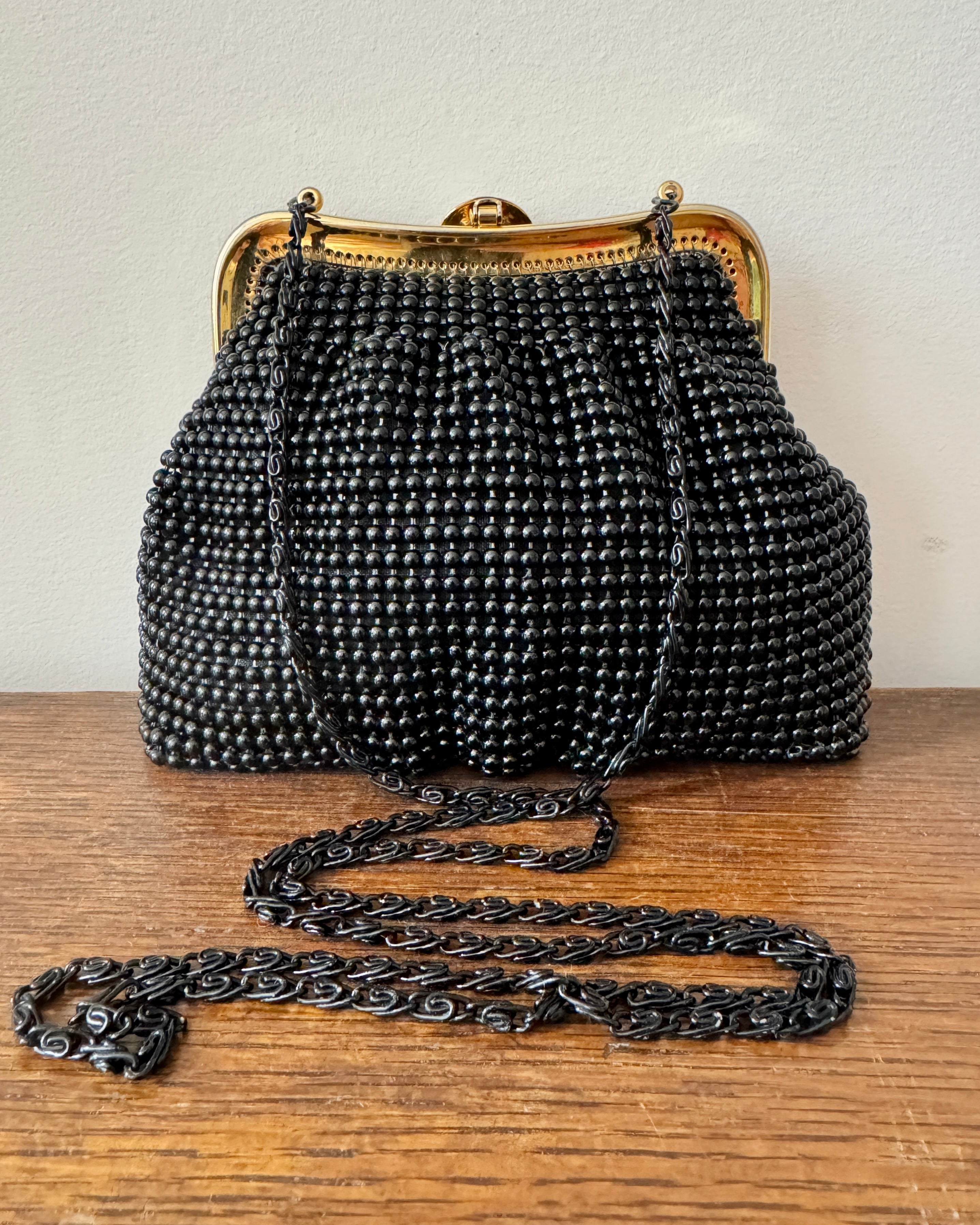 Vintage Black Beaded Cocktail Party Evening Purse Clutch Handbag with Rhinestone Clasp