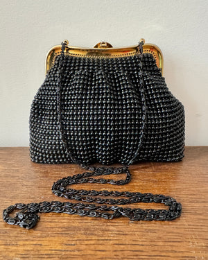 Vintage Black Beaded Cocktail Party Evening Purse Clutch Handbag with Rhinestone Clasp