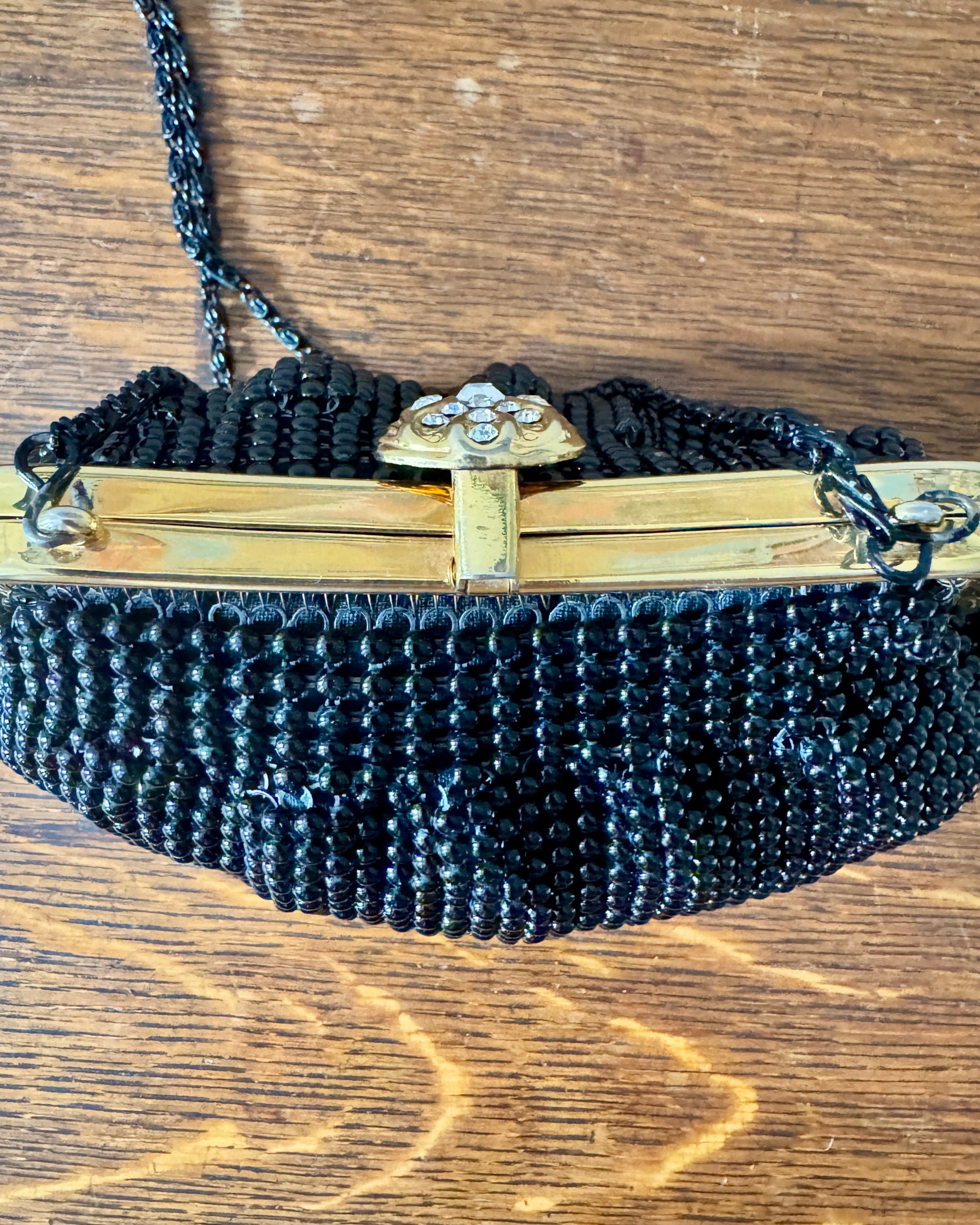 Vintage Black Beaded Cocktail Party Evening Purse Clutch Handbag with Rhinestone Clasp