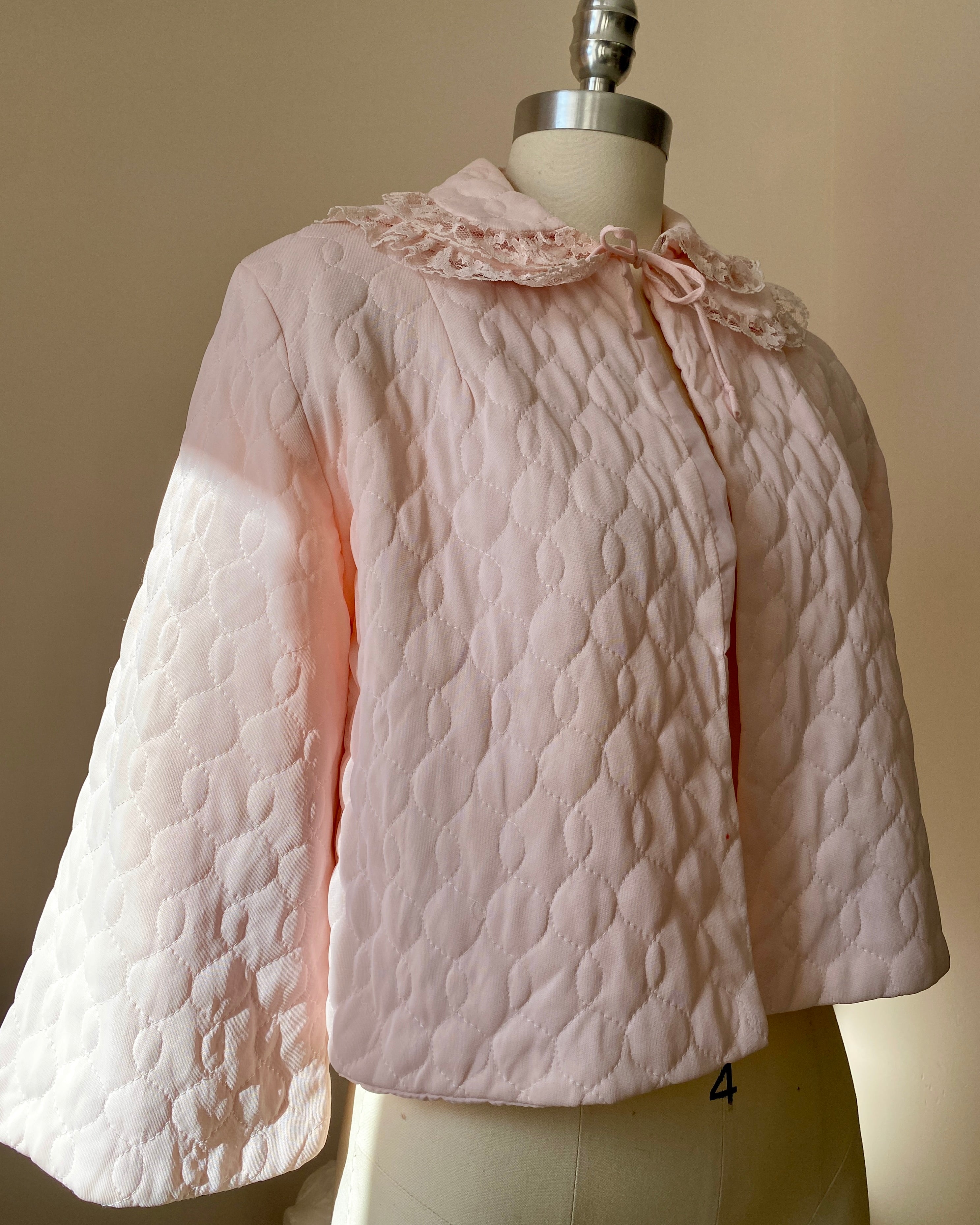Vintage 1950s Nanette Pink Quilted Bed Jacket with Double Lace collar and Bell Sleeves