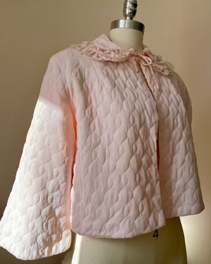 Vintage 1950s Nanette Pink Quilted Bed Jacket with Double Lace collar and Bell Sleeves