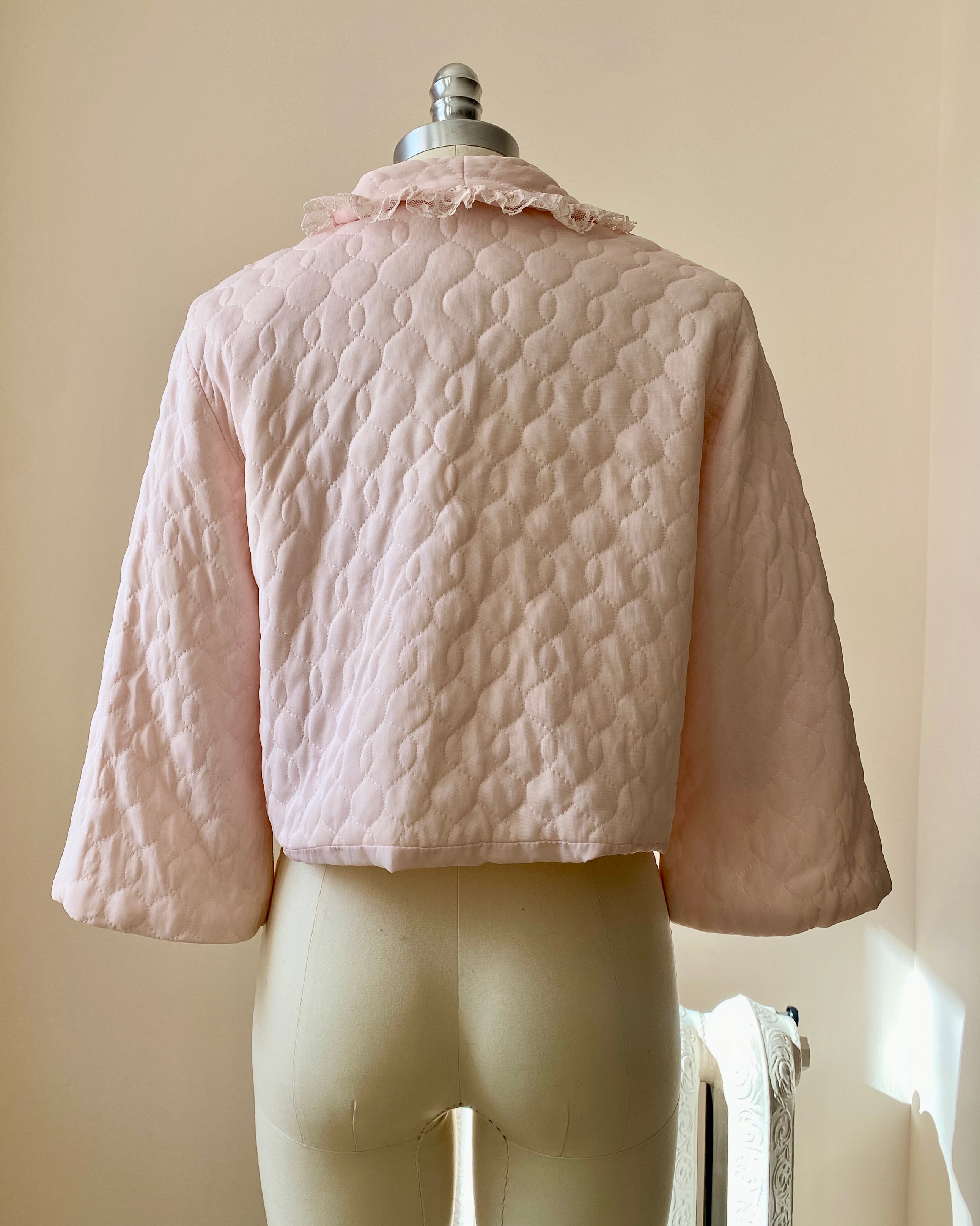 Vintage 1950s Nanette Pink Quilted Bed Jacket with Double Lace collar and Bell Sleeves