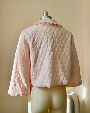 Vintage 1950s Nanette Pink Quilted Bed Jacket with Double Lace collar and Bell Sleeves