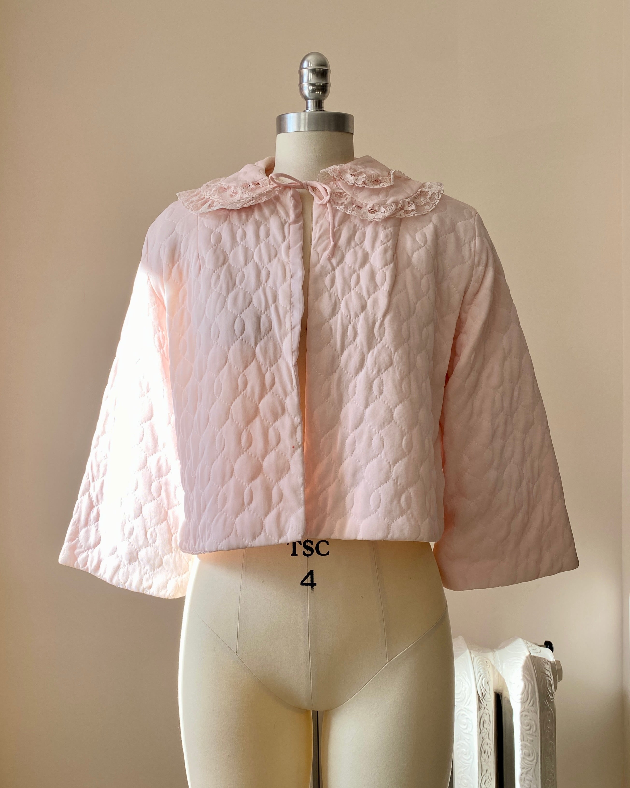 Vintage 1950s Nanette Pink Quilted Bed Jacket with Double Lace collar and Bell Sleeves