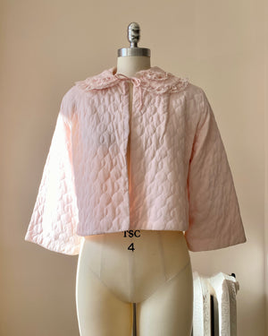 Vintage 1950s Nanette Pink Quilted Bed Jacket with Double Lace collar and Bell Sleeves