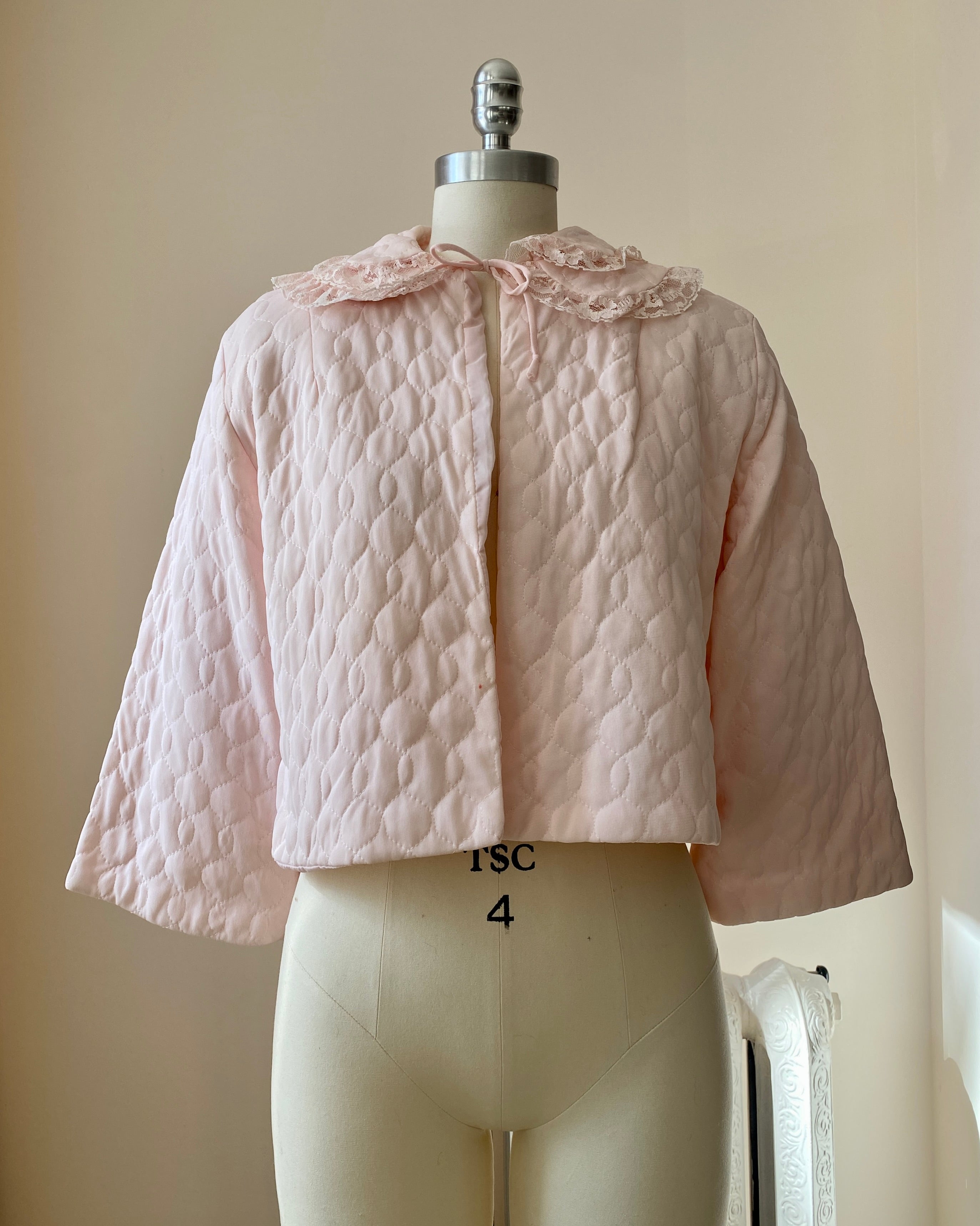 Vintage 1950s Nanette Pink Quilted Bed Jacket with Double Lace collar and Bell Sleeves