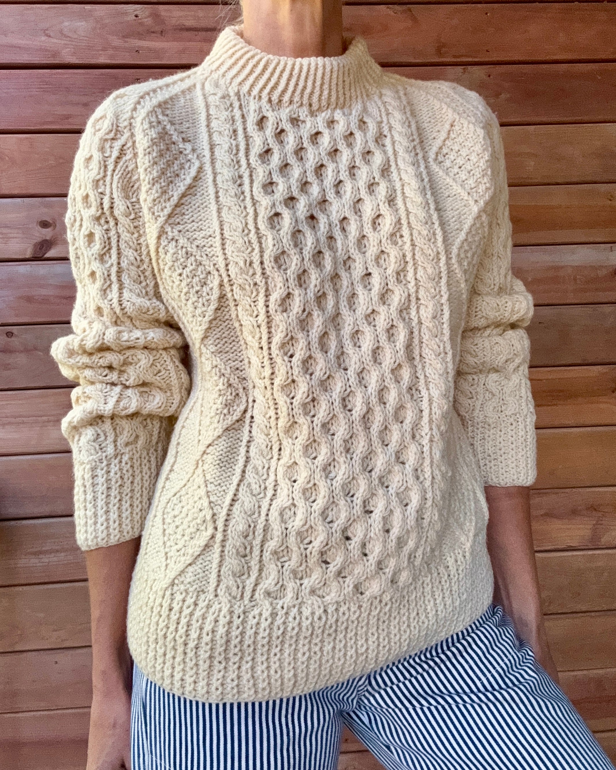 Vintage Carrais Cream Cable Hand Knit Fisherman Sweater Made in Ireland