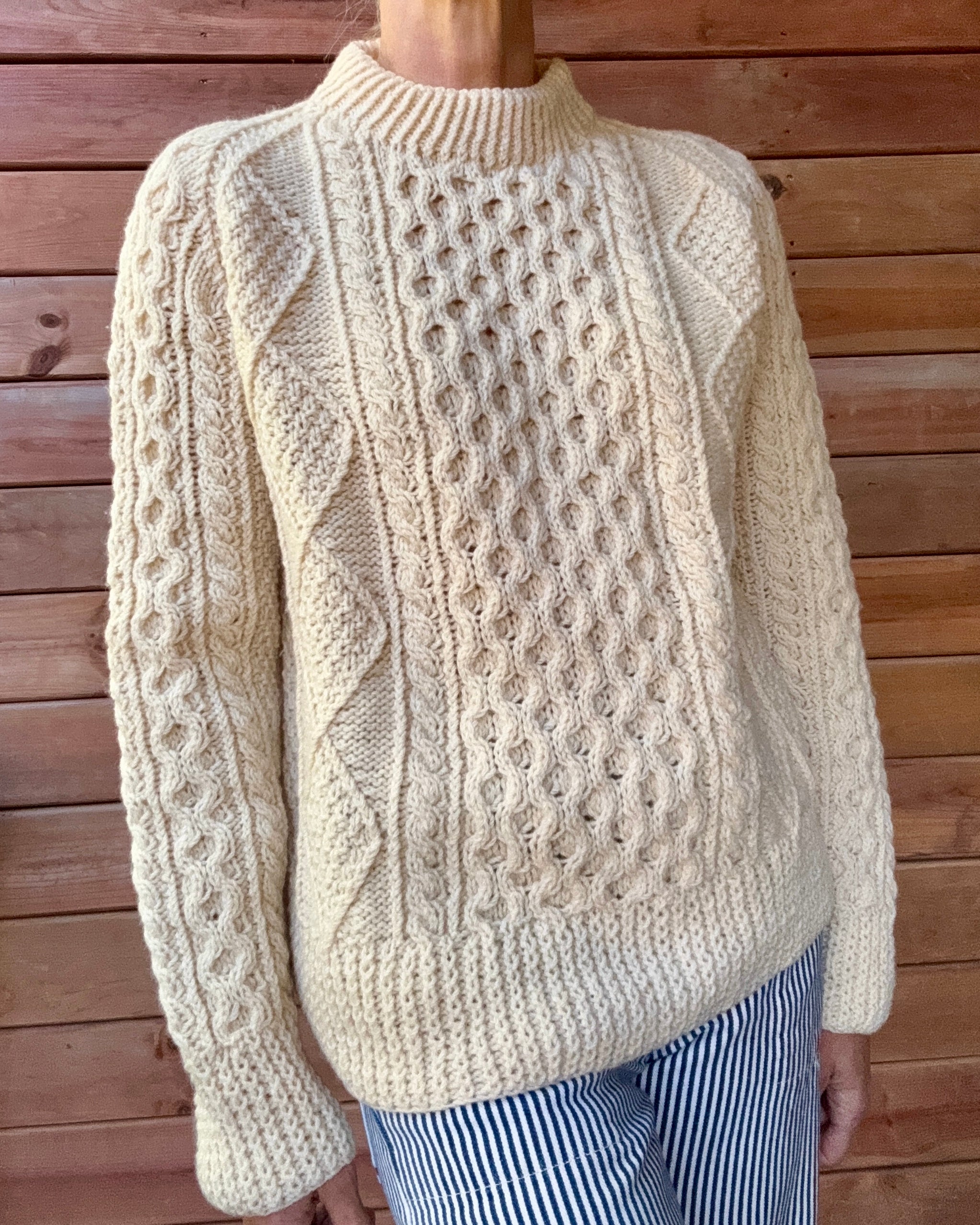 Vintage Carrais Cream Cable Hand Knit Fisherman Sweater Made in Ireland
