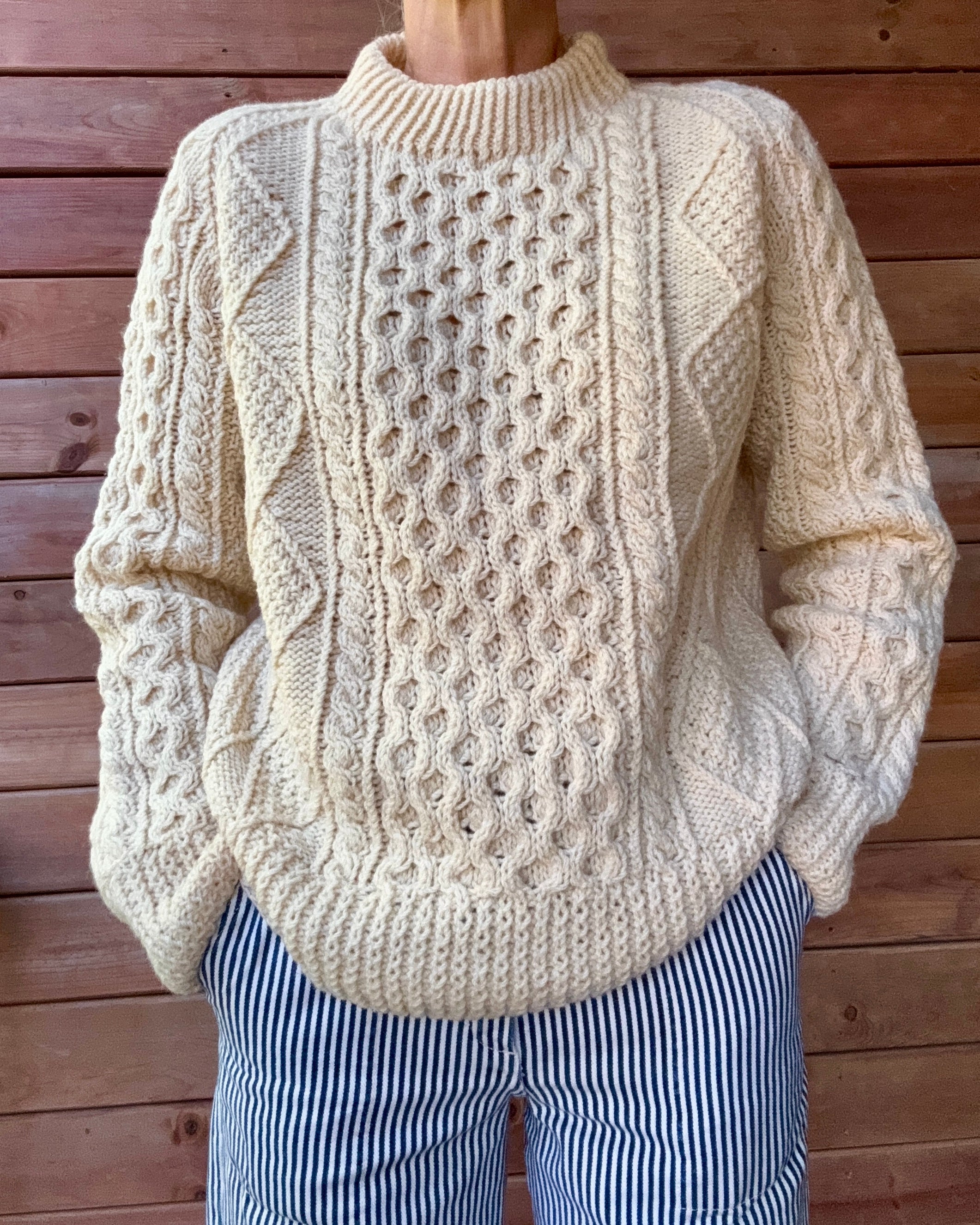Vintage Carrais Cream Cable Hand Knit Fisherman Sweater Made in Ireland