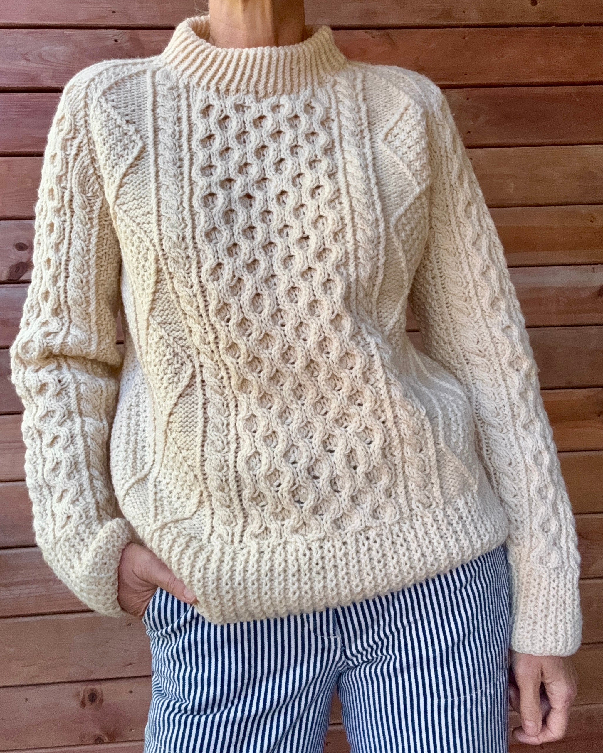 Vintage Carrais Cream Cable Hand Knit Fisherman Sweater Made in Ireland