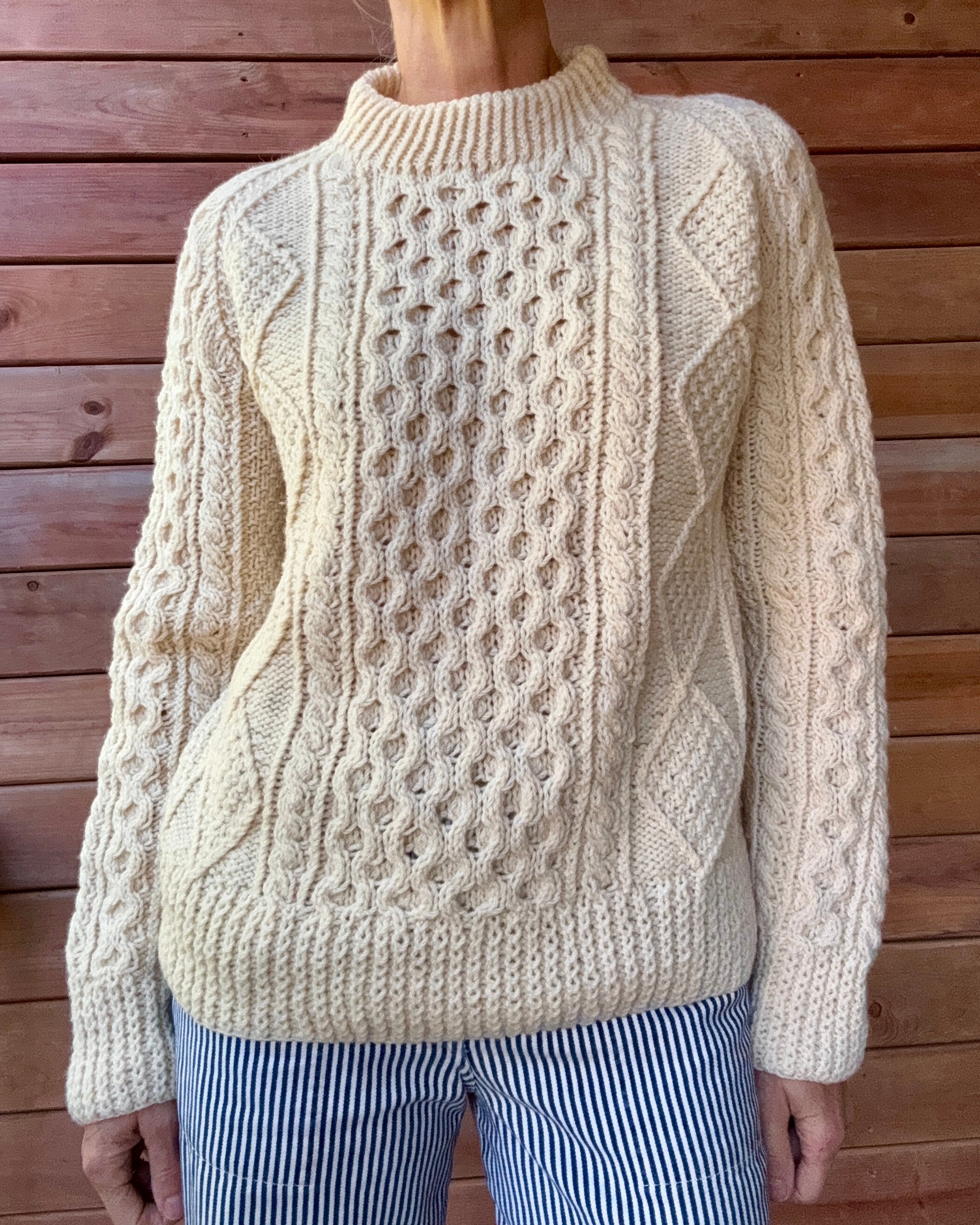 Vintage Carrais Cream Cable Hand Knit Fisherman Sweater Made in Ireland