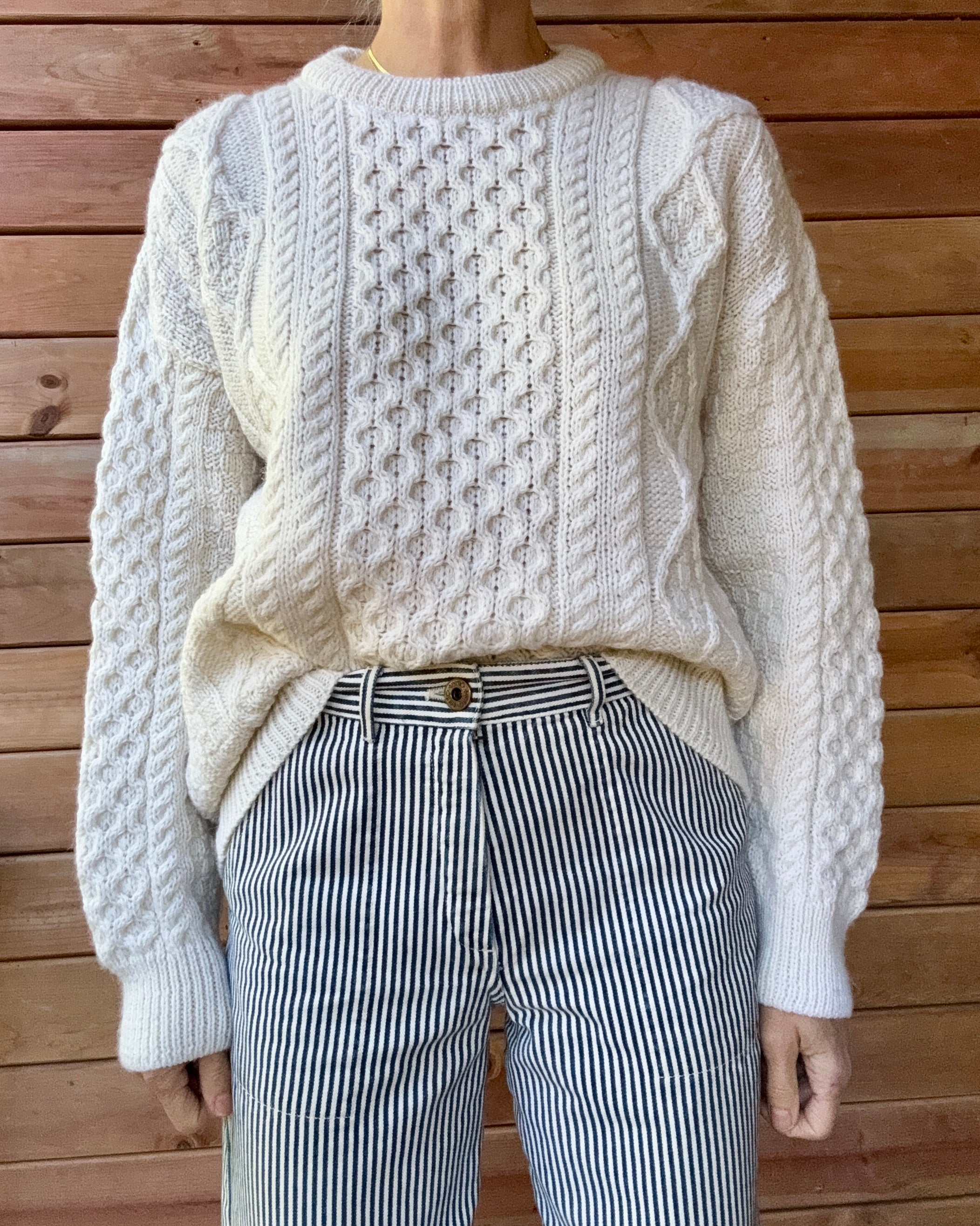 Vintage Aran Crafts Cream Cable Aran Fisherman Hand Knit Cream Sweater Made in Ireland