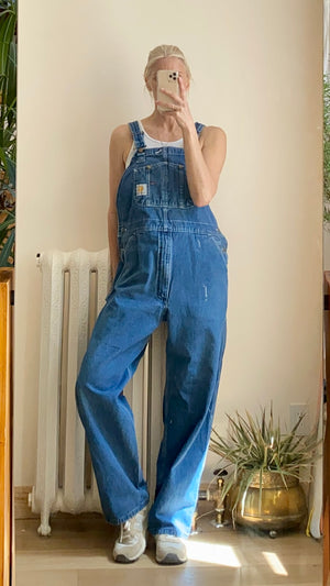 Vintage 1990s CARHARTT Blue Denim Carpenter Overalls Medium Wash Size M or L