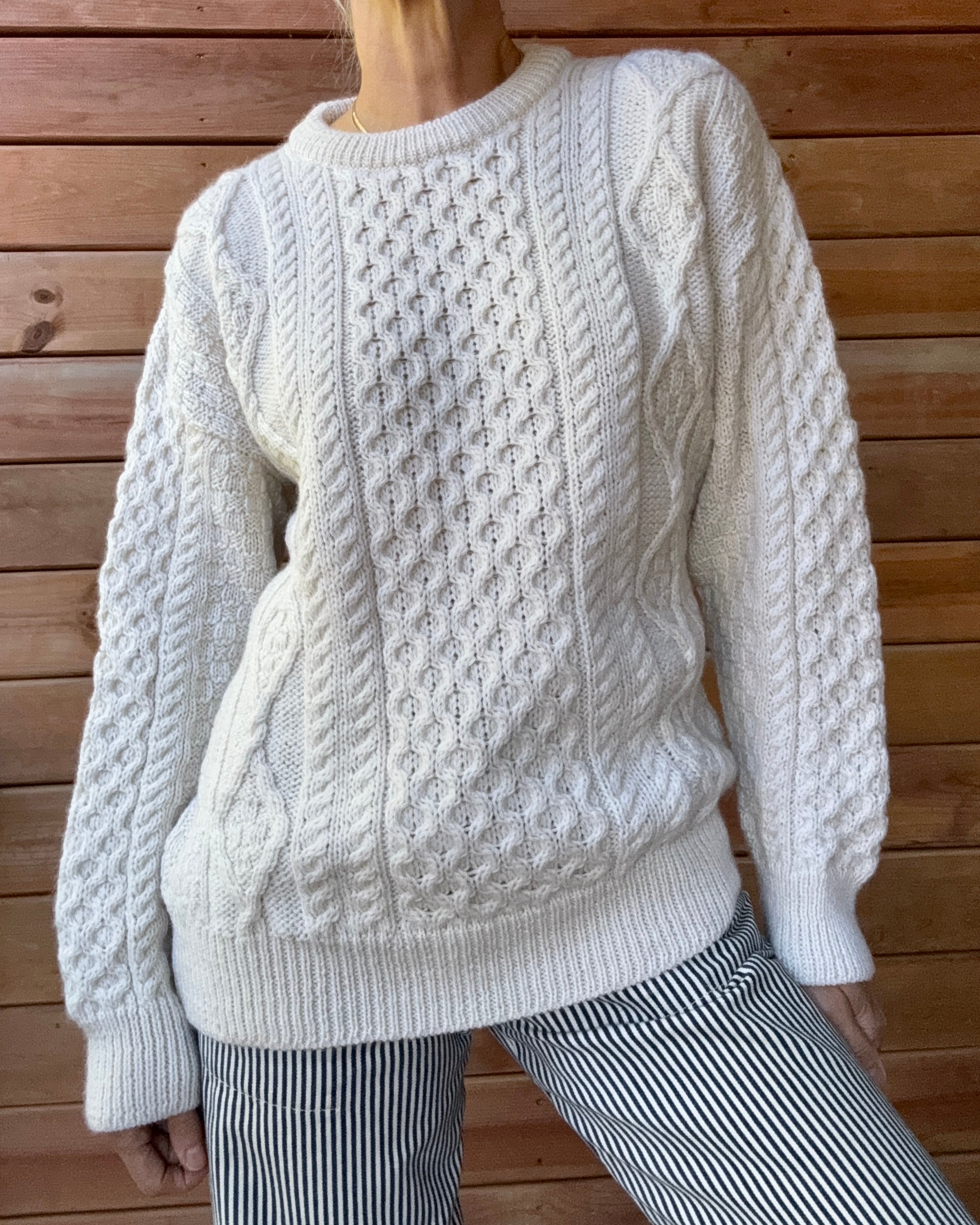 Vintage Aran Crafts Cream Cable Aran Fisherman Hand Knit Cream Sweater Made in Ireland