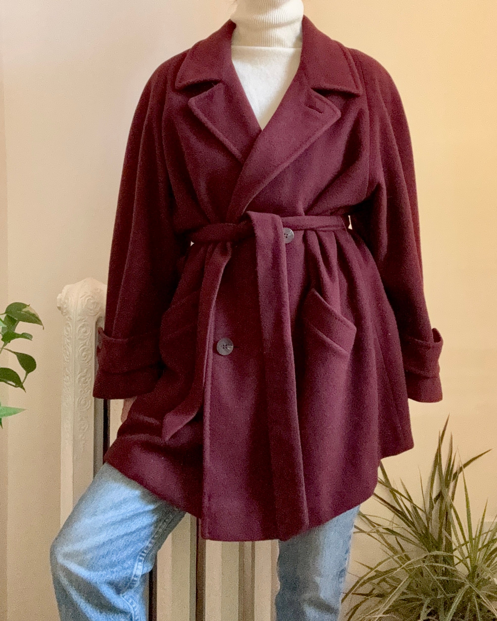 Vintage 1990s 100% Pure Cashmere Burgundy Trench Peacoat Style Coat with Tie Belt Size L