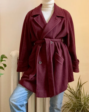 Vintage 1990s 100% Pure Cashmere Burgundy Trench Peacoat Style Coat with Tie Belt Size L