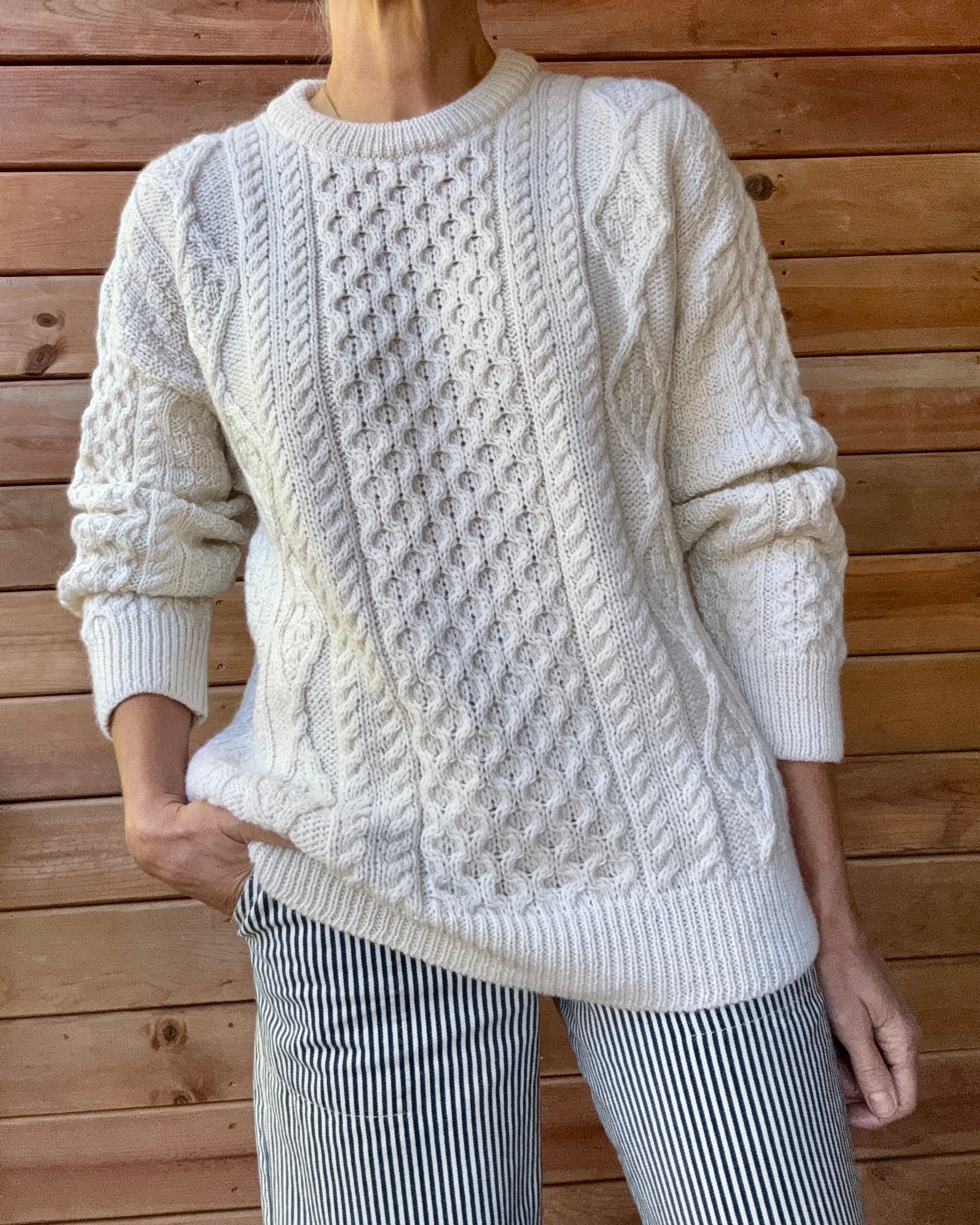 Vintage Aran Crafts Cream Cable Aran Fisherman Hand Knit Cream Sweater Made in Ireland