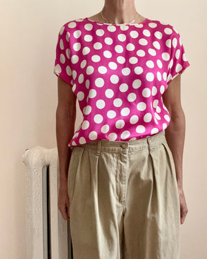 Vintage 1980s PARALLELE by EMANUEL UNGARO 100% Silk Hot Pink and Ivory Polka Dot Short Sleeve Blouse Size M or L